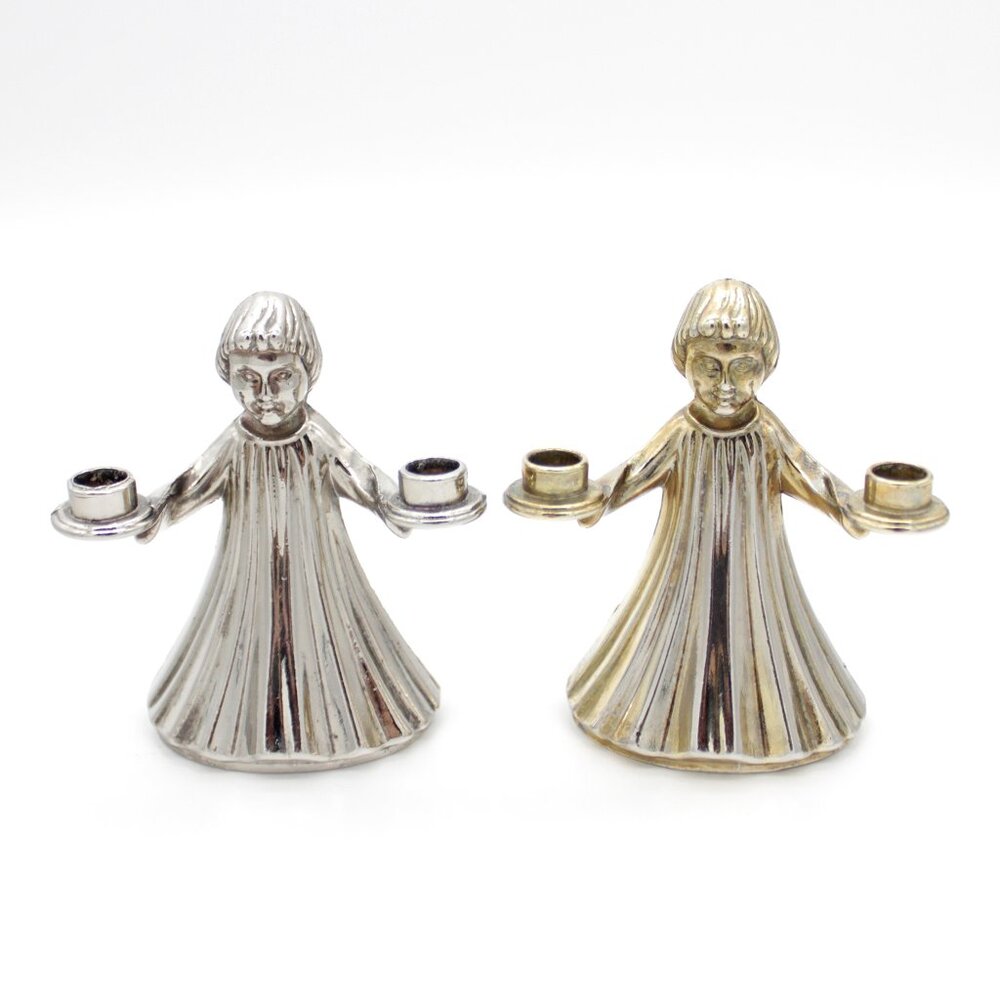 (2) Vintage 3.25" Metal Angel Candle Holders - Made In Italy